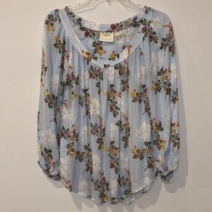 Maeve Anthropologie Boswell Blue Striped Floral Boho Peasant Flowy Blouse Size 8